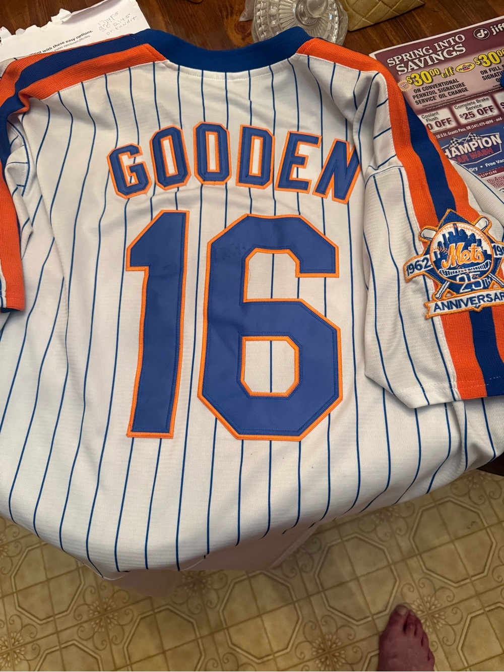 New York Mets Replica Pinstripe Jersey - White/Blue/Orange